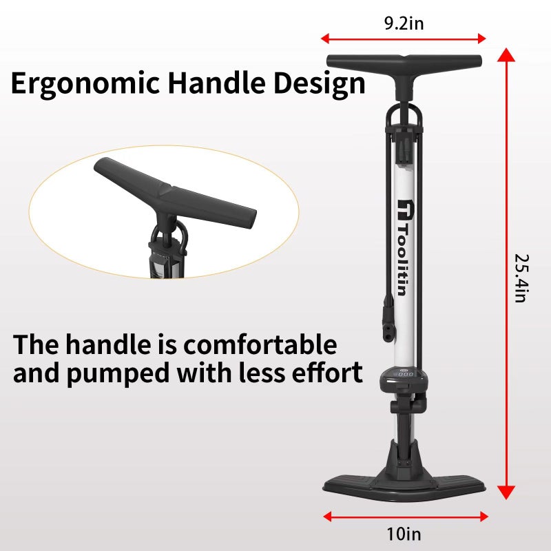 TOOLITIN Pro Bike Pump, Ergonomic Bicycle Pump with Integrated Handle Mounted Pressure Gauge, 180 Psi, Fits Presta and Schrader Valve - Image 2